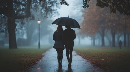 Couple walking, rainy park, autumn fog, streetlight, romance