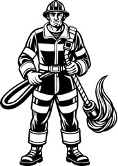 Obraz premium Line art vector of male firefighter in full gear holding a fire hose. Isolated emergency rescue worker, firefighting professional illustration.