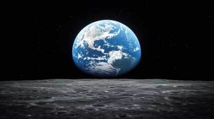 Stunning Blue Earth View from Moon Surface, Blue earth moon surface concept.