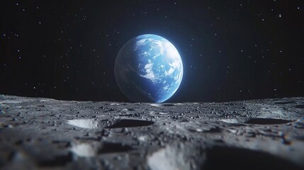 Breathtaking View of Earth from the Moon's Surface, Blue earth moon surface concept.