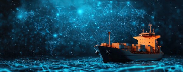 A cargo ship illuminated against a dark, starry background, symbolizing trade and connectivity in the digital age.