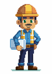 Pixelated construction worker holding blueprint, wearing hard hat.