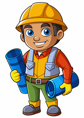 Fototapeta premium Smiling kawaii construction worker with safety helmet and blueprint. Cute builder character in yellow hard hat, perfect for design projects. Vector illustration.