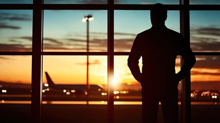Fototapeta premium Silhouette of Businessman at Airport During Sunset, Businessman airport concept.