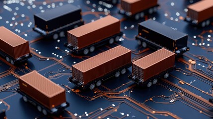 A close-up view of miniature shipping containers on a circuit board, symbolizing the intersection of logistics and technology.