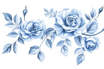 Dreamy Light Blue Rose Pencil Sketch on White Canvas