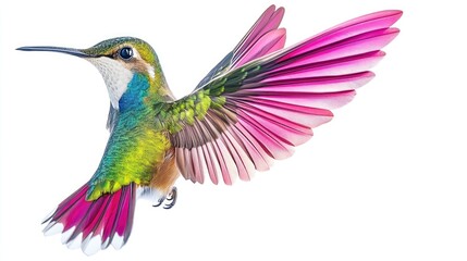 Obraz premium A vibrant hummingbird in mid-flight showcasing colorful feathers.