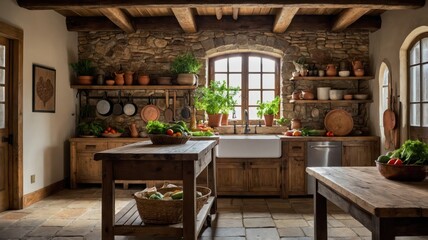 Fototapeta premium a cozy rustic kitchen with exposed eropa stlye