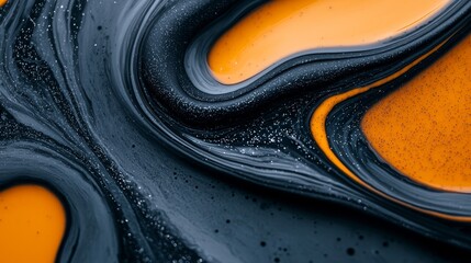 Obraz premium Abstract Swirling Black and Orange Paint Texture Fluid Art Dynamic Design Background