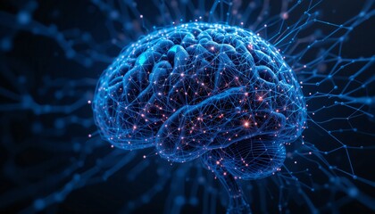 A 3D digital brain rendering is shown on a dark blue background, representing artificial intelligence and neural network technology.