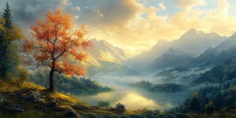 Vibrant autumn tree overlooking serene mountain lake at sunrise