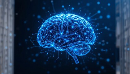 A 3D digital brain rendering is shown on a dark blue background, representing artificial intelligence and neural network technology.