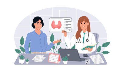 Thyroid health concept. Thyroid awareness month. Endocrinologist deal with the diagnosis and treatment of the human thyroid. Vector illustration in flat style