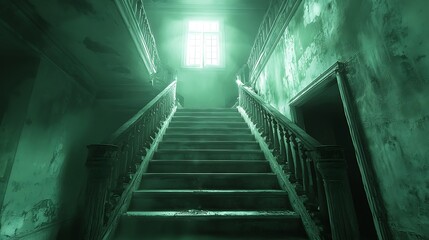 Creepy, dimly lit staircase in an abandoned, decaying building with peeling walls and a single window letting in light.