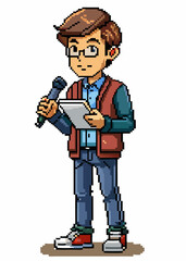 Pixelated Young male reporter in professional attire, covering live events and breaking news.