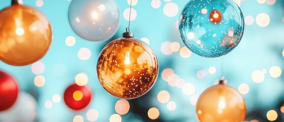 Fototapeta premium Sparkling Christmas Ornaments Hanging Festive Holiday Decorations Bokeh Lights Background