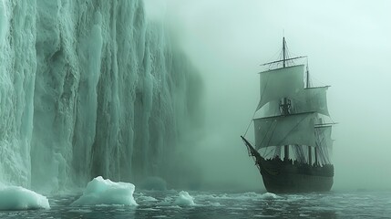 A lone sailing ship navigates a misty Arctic landscape, dwarfed by a towering iceberg.