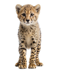 Young cheetah cub standing confidently against a white background showcasing its spotted fur and playful demeanor