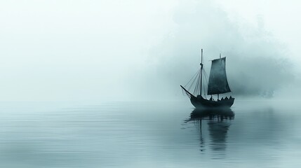 Obraz premium A lone sailing ship navigates a misty sea, its silhouette reflected in the calm water.