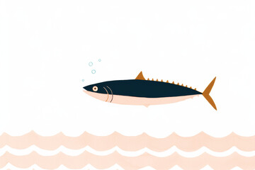 simple line doodle of tuna swimming in calm waters with bubbles