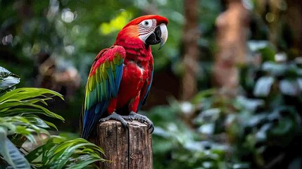 Obraz premium A vibrant parrot perched on a wooden post amidst lush greenery.