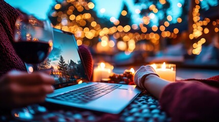 A serene evening scene featuring a person enjoying a glass of wine next to a laptop, surrounded by glowing candles and festive lights entirely embodying comfort and relaxation.