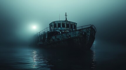 A ghostly, rusty shipwreck sits silently in a thick fog on dark water.