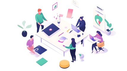 A team working on a crowdfunding campaign with creative materials spread out. 