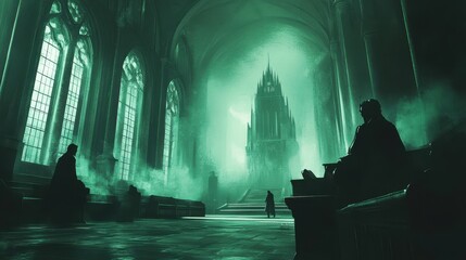 Gothic Cathedral Interior with Distant Tower View