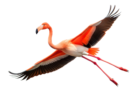 Flamingo in flight showcasing vibrant plumage and graceful wings across a transparent background - Powered by Adobe