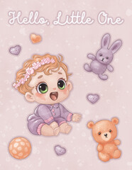 Newborn card with a cartoon image of a cute laughing baby with green eyes, red hair and soft toys (bear, rabbit, hearts), decorated in pastel pink, red and lilac colors.