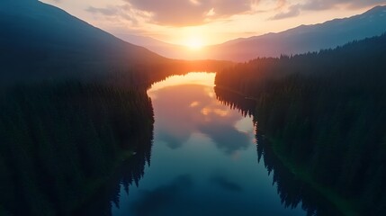 Sunset reflecting on serene mountain lake, aerial view
