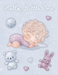 Newborn greeting card including a cartoon cute sleeping baby and soft toys (bear, bunny, hearts), decorated in pastel lilac and blue colors © Юлия Ткачева