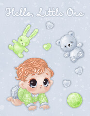 Newborn greeting card featuring a cartoon cute smiling baby with blue eyes and red hair and soft toys (bear, bunny, hearts) decorated in pastel blue and green colors.