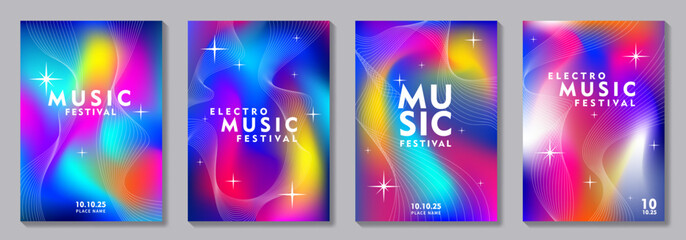Modern music poster design vector set for electro sound cover template with colorful background. Trendy design for music festival, club, party, cards, flyer, social media.
