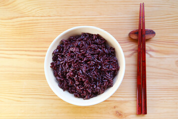 Bowl of Tasty and Aromatic Riceberry Rice, a Medium to Low Glycemic Index Carb with Numerous Health Benefits