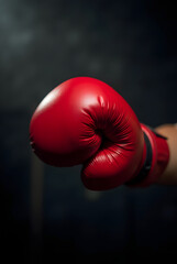 Fighter in red gloves on dark background. Muay Thai athlete in fight. Close-up of fighter's hand. Sport, strength and fight concept for banner, postcard, poster.