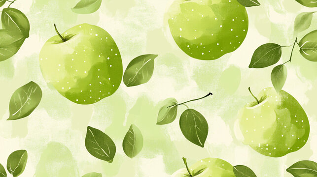 Green apples and leaves, a seamless pattern with watercolor painting background