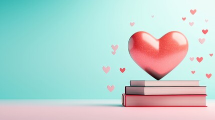 Glowing heart encased in a library of floating knowledge icons, pastel backdrop