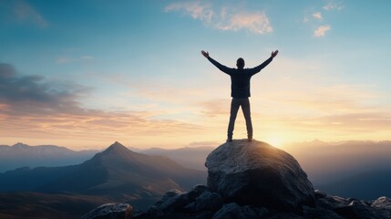 Person Standing on Rock Horizon Mountains Sunset Arms Raised Inspirational Nature Adventure Freedom