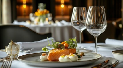 Elegant plated salmon dish, fine dining setting.