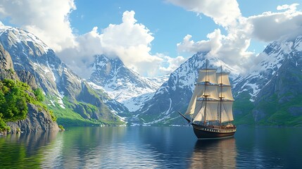 Majestic Sailing Ship Navigating Serene Fjord Surrounded by Snow-Capped Mountains.