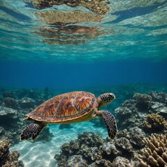 A turtle swimming through crystal clear waters with a bright coral reef below.