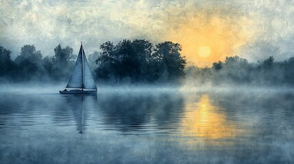 Fototapeta premium Serene Sunrise A sailboat glides through misty waters at dawn, reflecting the golden light.