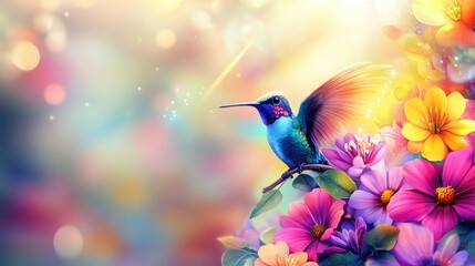 Fototapeta premium A vibrant hummingbird perched among colorful flowers, set against a dreamy background.