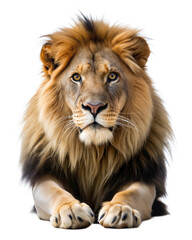 Fototapeta premium Majestic lion with a striking mane poses for a captivating close-up on a clean background