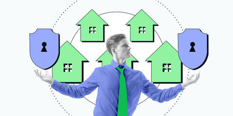Businessman in blue shirt with shields and green house icons, symbolizing home insurance and...