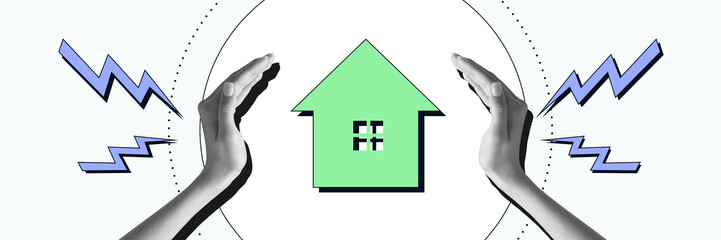 Hands surrounding green house icon with blue lightning bolts, symbolizing home insurance and protection from risks. Conceptual design. Concept of house safety, financial protection. Banner