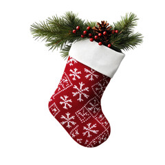 Festive Christmas stocking with greenery. transparent background