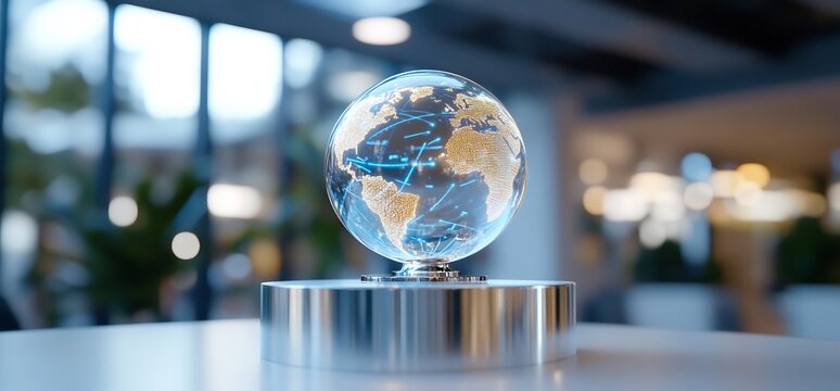 A futuristic globe with digital connections, symbolizing global connectivity.